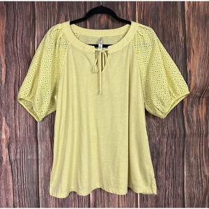PerSeption Women Yellow Blouse Eyelet Sleeve Boho Plus Size 1X